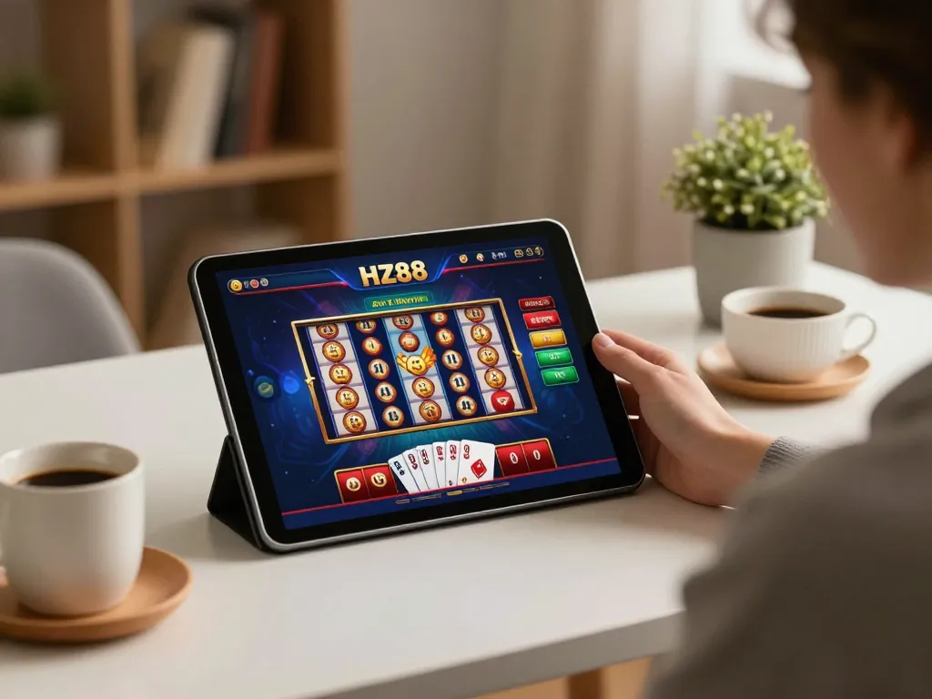Experience thrilling gameplay at HZ88 gaming platform from home with engaging tablet interface.