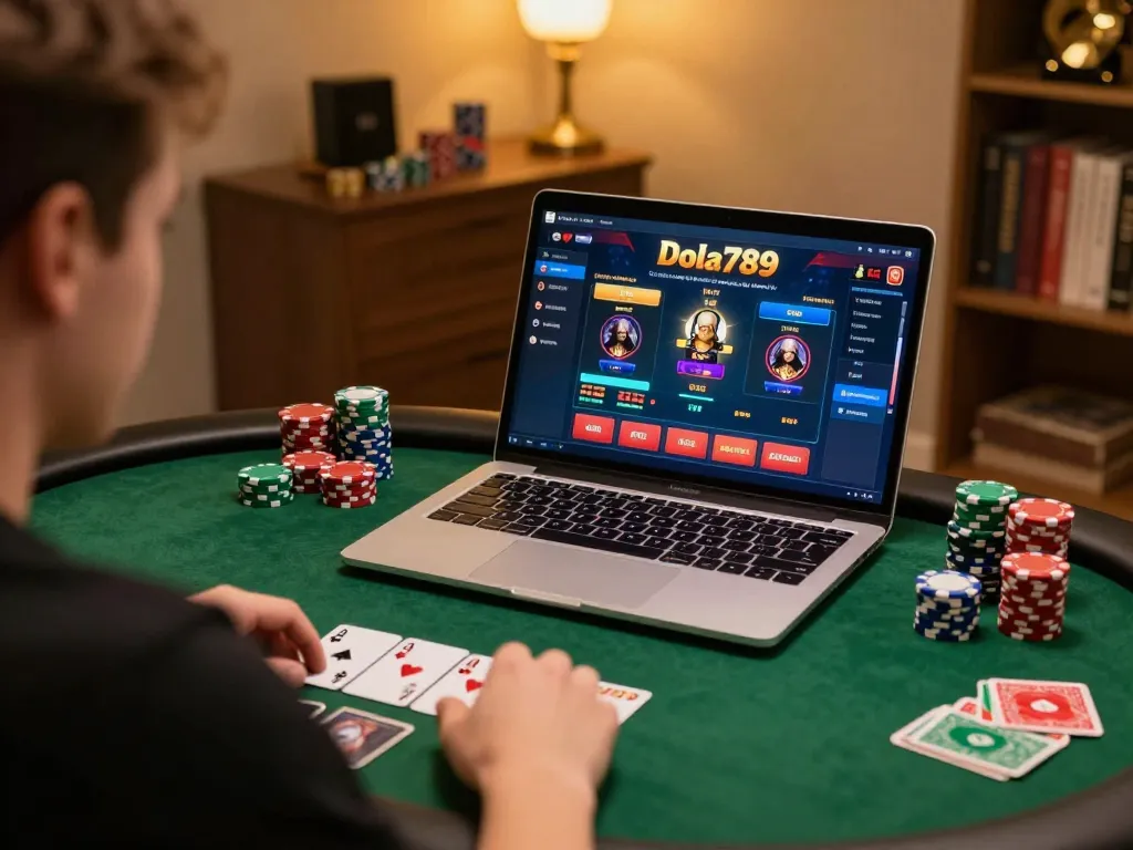 Dola789 player strategizing during an online gaming session with poker cards and chips.