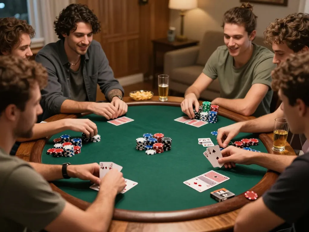 Friends enjoy an exciting poker night, showcasing bsport strategy skills around a vibrant table.