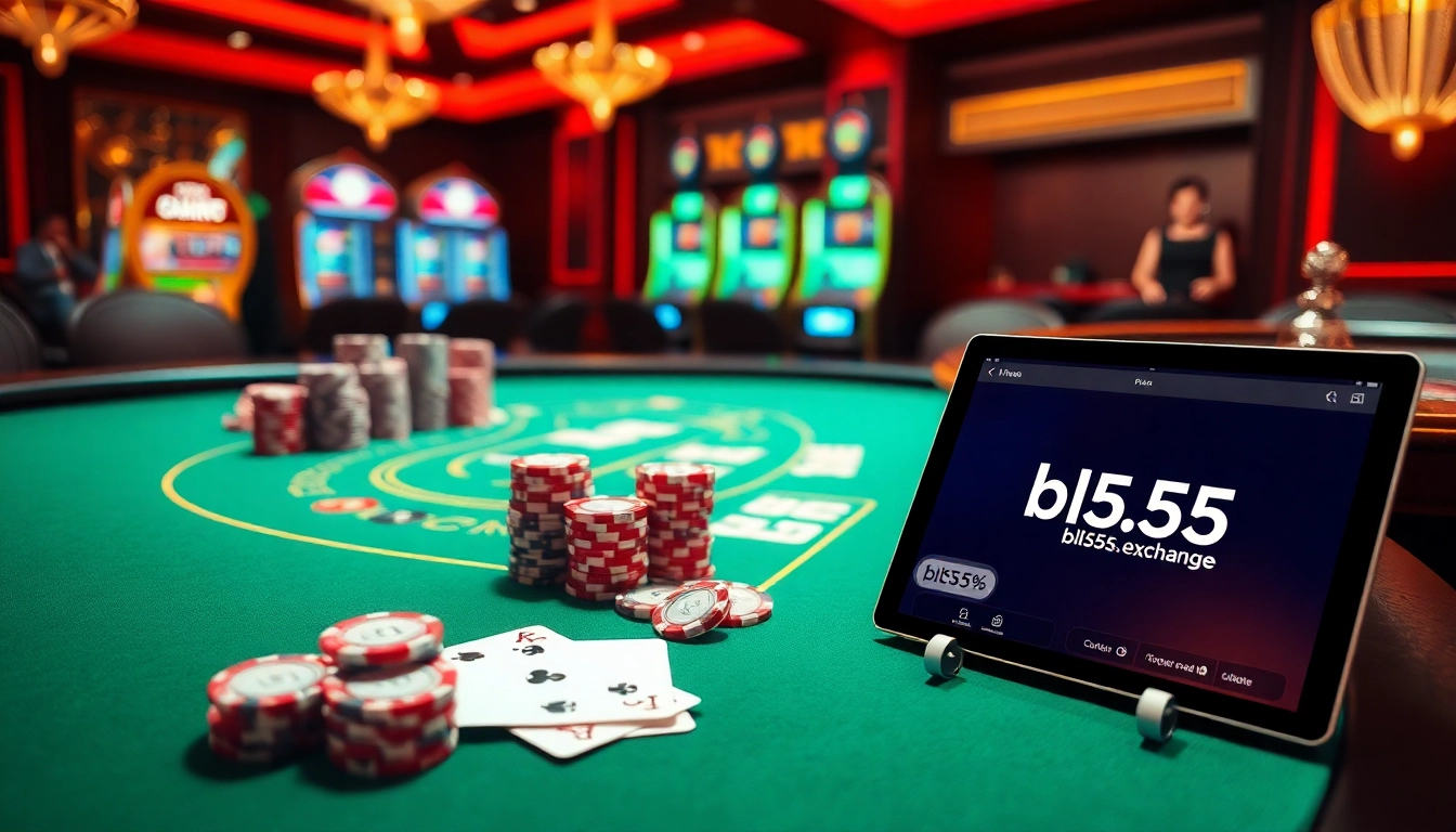 Engage with thrilling online betting at https://bl555.exchange/ featuring a vibrant blackjack table and stylish slot machines.