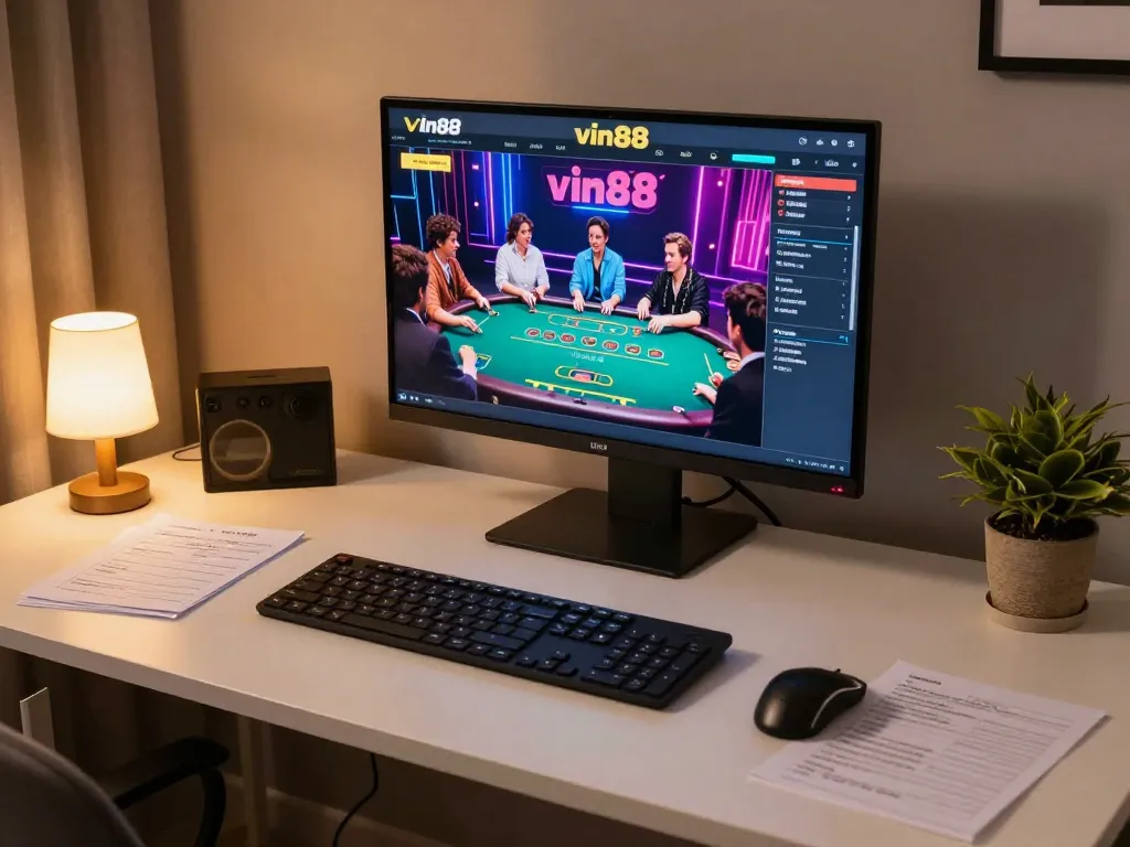 Engaging with vin88 live dealer game in a cozy home setup, emphasizing responsible gambling strategies.
