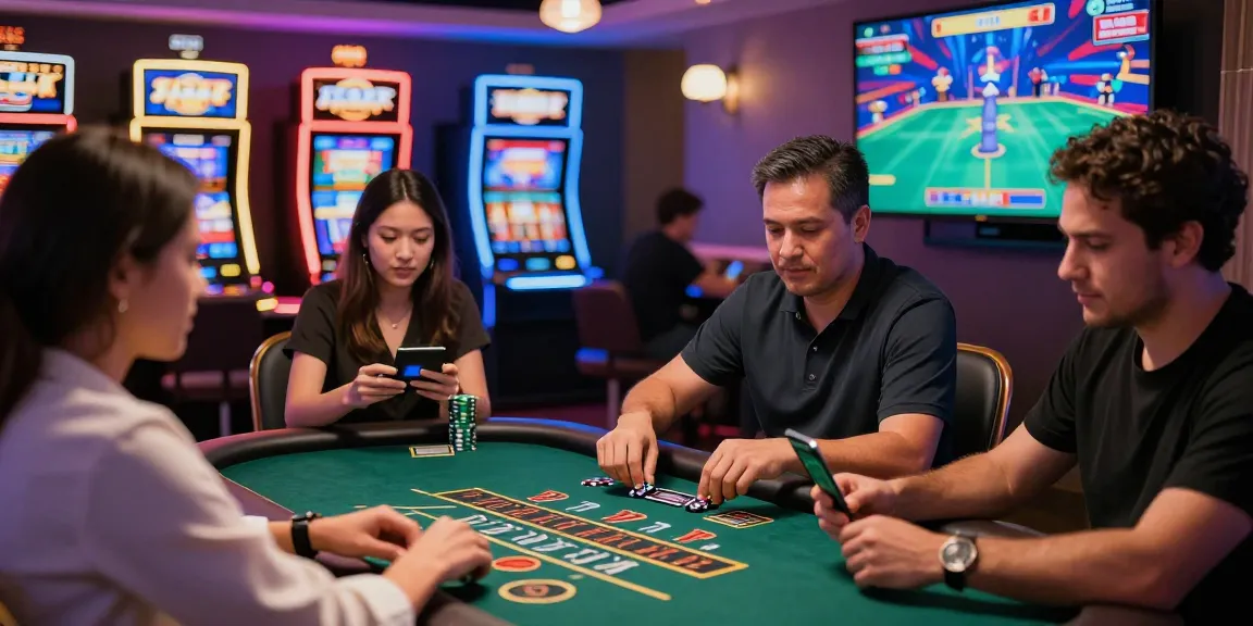 Exciting scene at credit card casinos with diverse players and vibrant lighting showcasing https://being-there.org.uk gaming engagement.