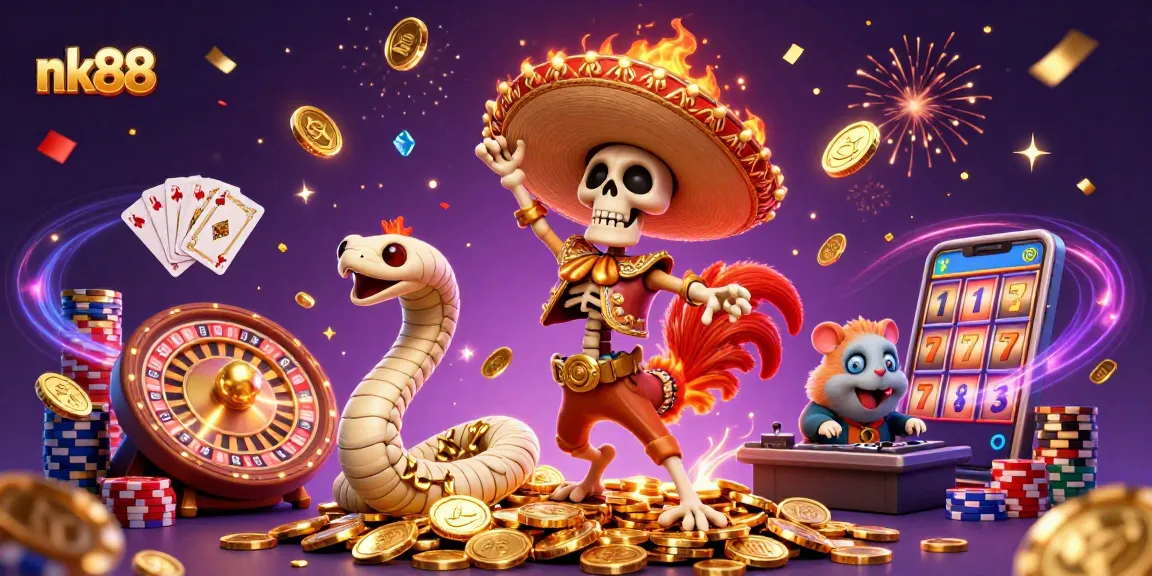 Experience thrilling win potential with nk88 in a vibrant casino-themed illustration featuring festive characters.
