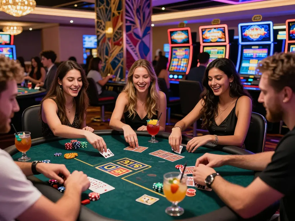 Group of friends playing VUA99 card games in a lively casino atmosphere.