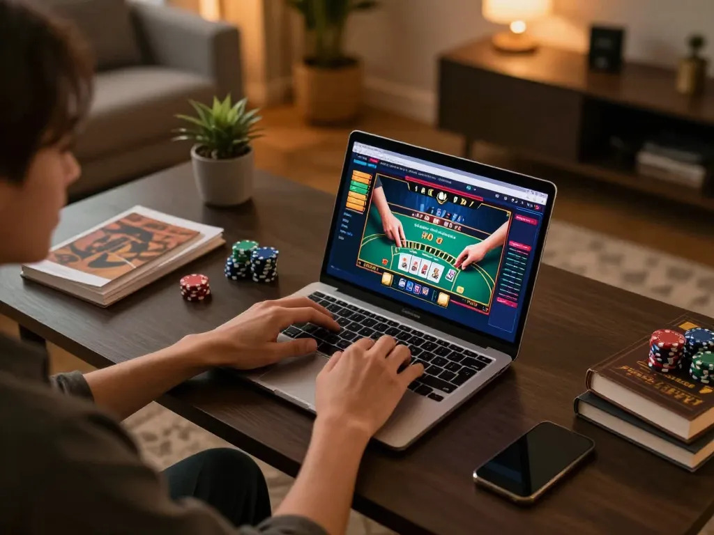 Engaging in onlinecasino gameplay on trang chủ nk88 with a modern laptop setup.