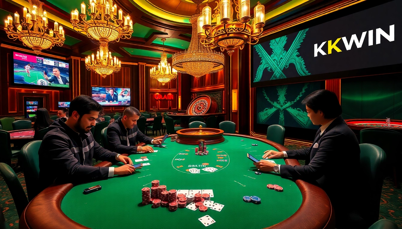 High-stakes poker game at KKWIN casino, showcasing vibrant atmosphere and thrilling action.