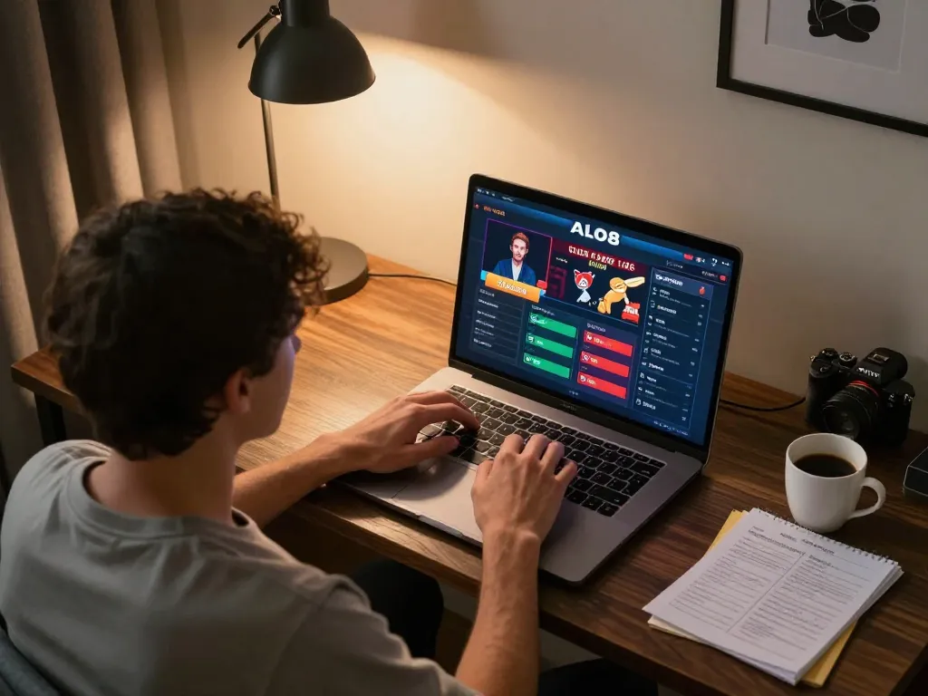 Player engaging in strategic online gambling on trang chủ alo8 with laptop at a stylish desk, showcasing immersive betting options.