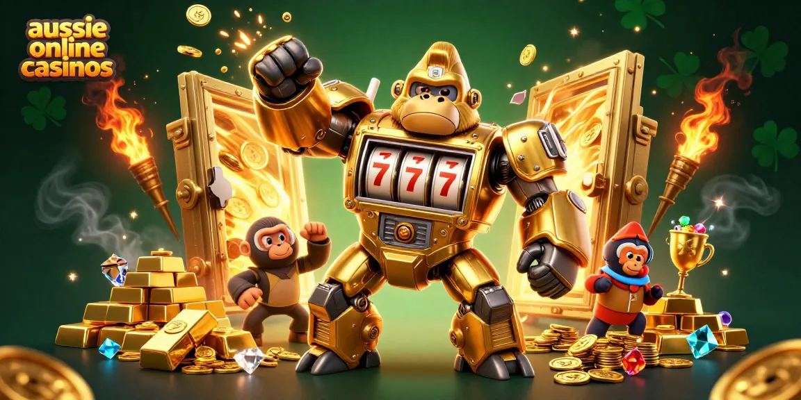 Aussie online casinos showcase excitement with a golden gorilla mech amidst treasures.