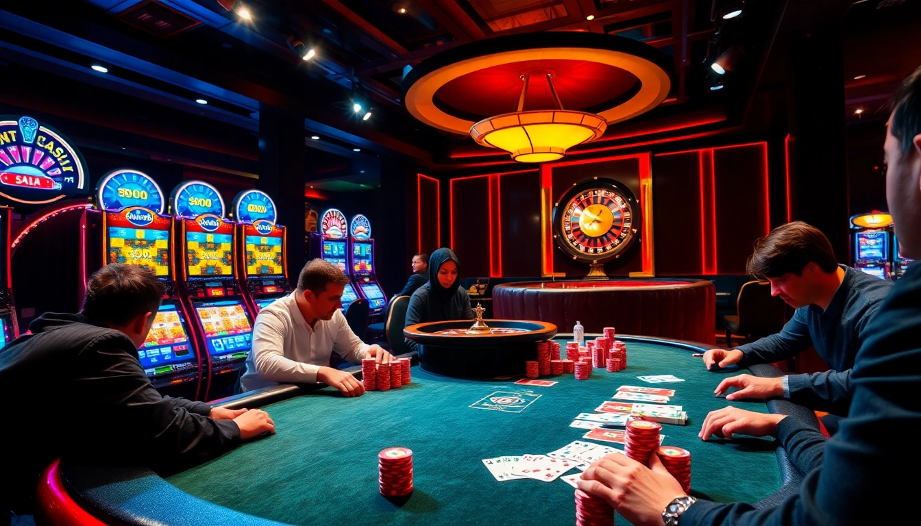 SODO CASINO highlights players engaged in high-stakes poker amidst dazzling casino lights and vibrant slot machines.
