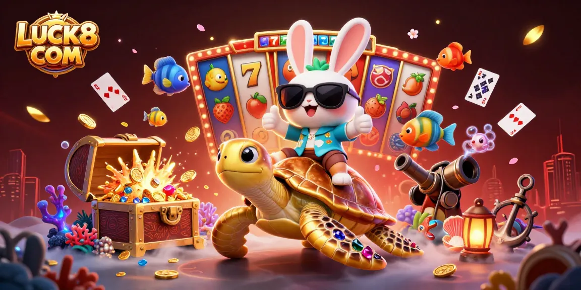 Win big with LUCK8 COM as the lucky rabbit and sea turtle celebrate vibrant casino activity.