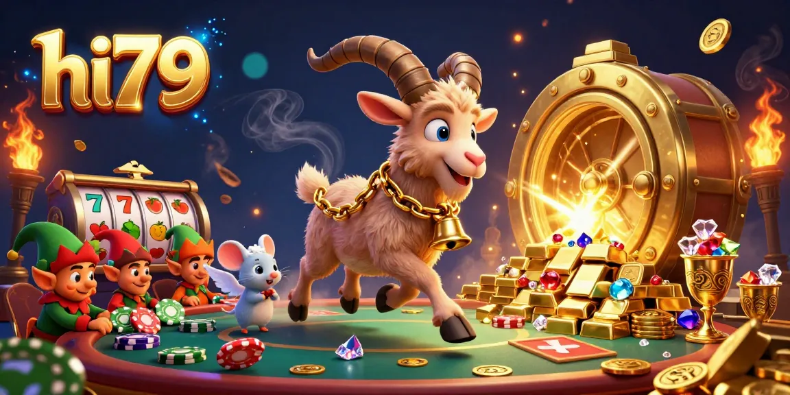 Engage with hi79's festive casino featuring a Krampus goat, angel mouse, and elf gremlins amidst gold treasures.