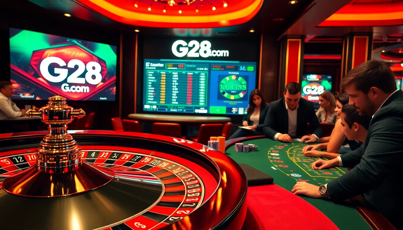 Players engaging in a thrilling casino experience at G28 com, with a roulette wheel and vibrant poker chips.