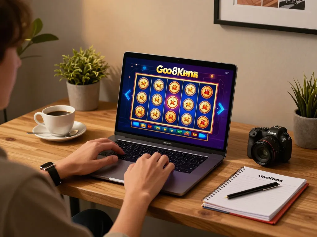 Experience Go8 online gaming with a vibrant slot game interface on a modern laptop, highlighting responsible gaming.