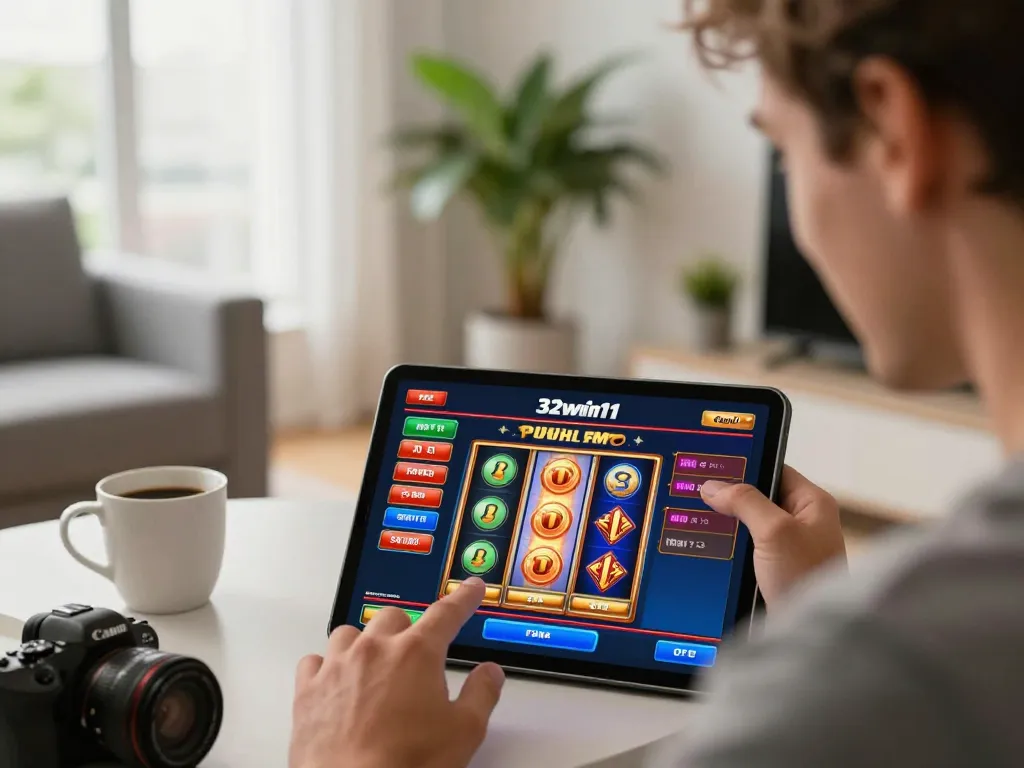 Player enjoying online slots on the 32win11 app in a cozy home setting with vibrant visuals