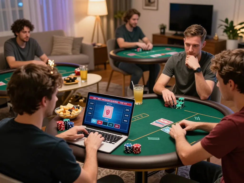 DU88 online poker player strategizing during a lively game night at home.