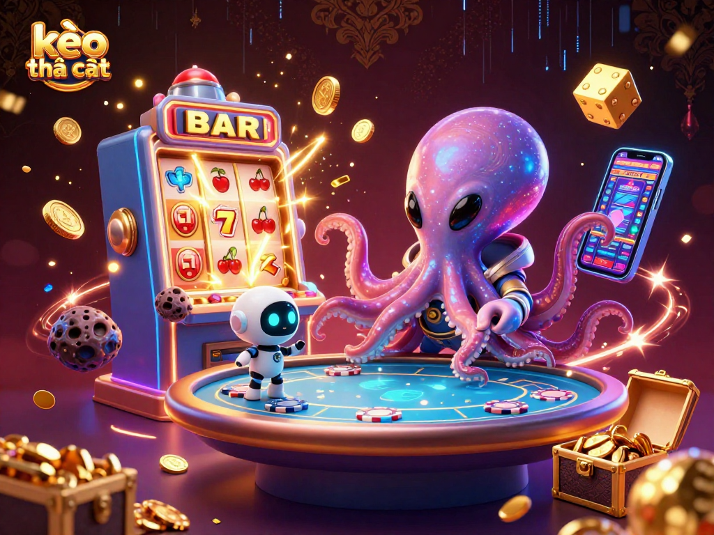 Engage with the exciting world of kèo nhà cái featuring an alien octopus at a holographic poker table amidst vibrant casino elements.