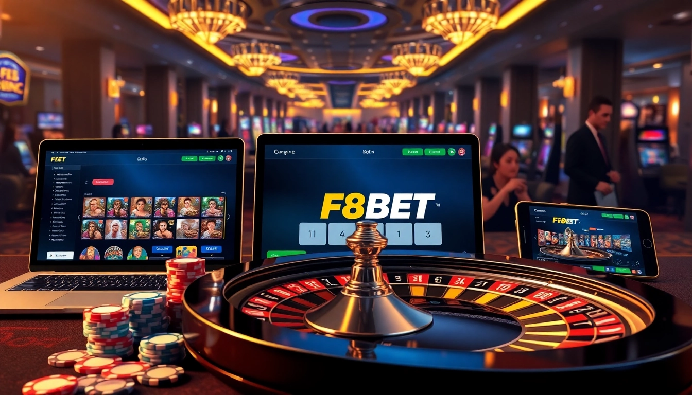Experience thrilling gaming at F8BET trang chủ, highlighted by vibrant casino games and a luxurious setting.