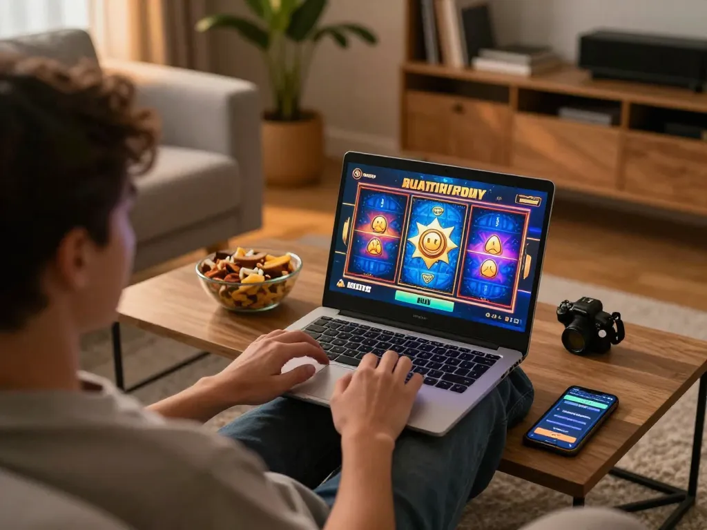 Player enjoying an online casino experience with TR88SEO on a laptop in a cozy living room