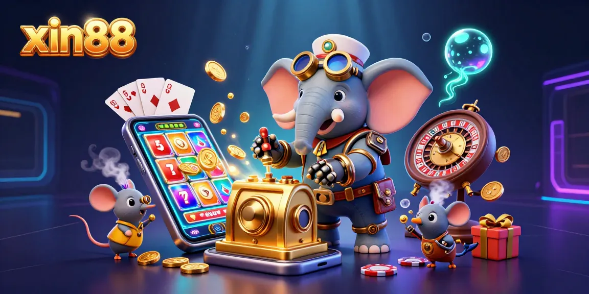 Xin88 slot machine scene featuring an elephant engineer, colorful games, and vibrant casino elements.