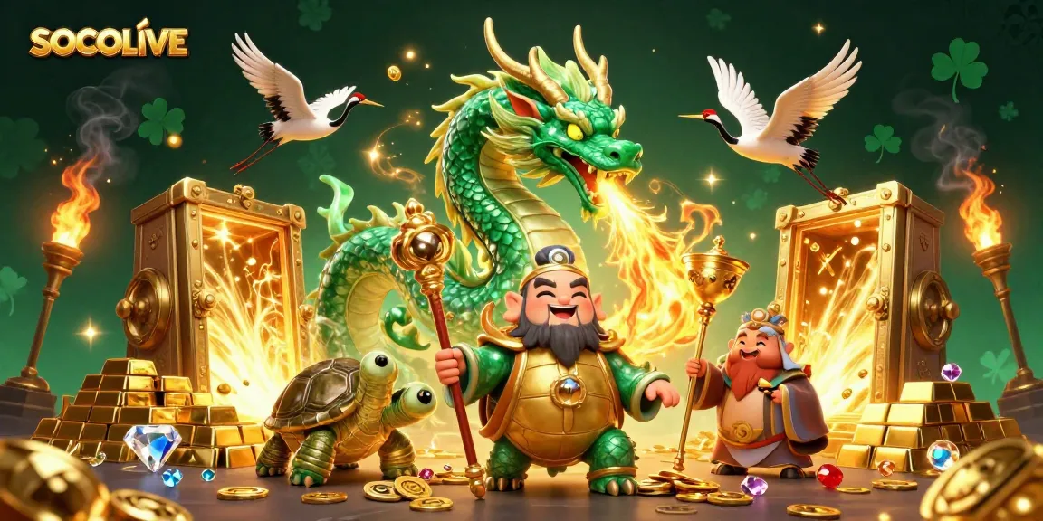 SOCOLIVE captivates with an emerald jade dragon, lucky cranes, and treasure in a vibrant gambling scene.