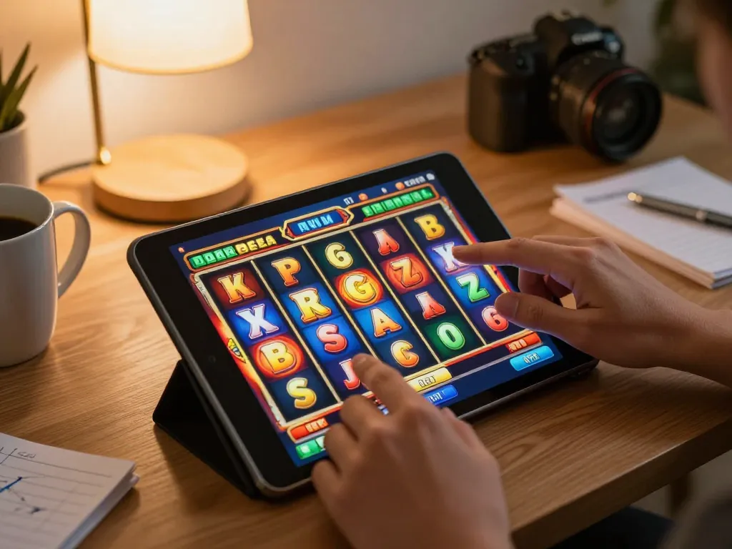 Player engaging with slot gacor game on tablet in cozy home setting, showcasing interactive gameplay.