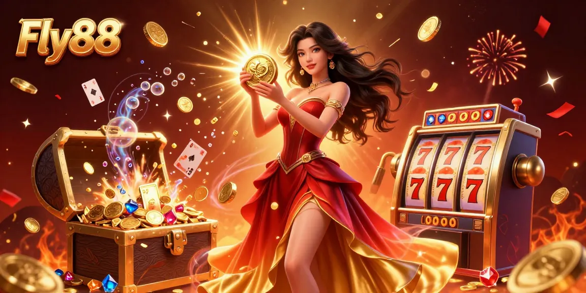 Bet big with Fly88 in a vibrant online casino scene filled with cascading coins and thrilling game elements.