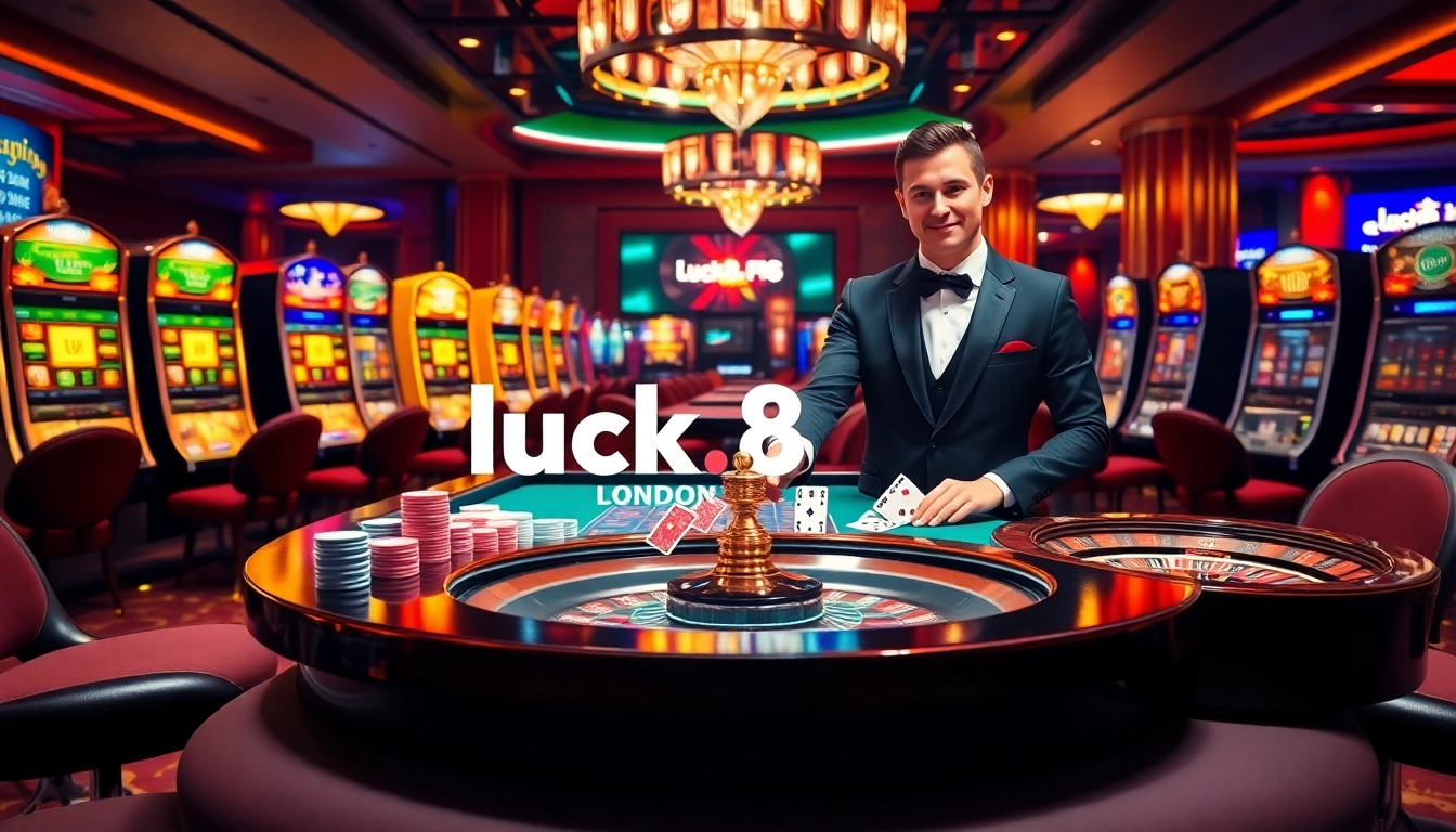 Engaging game action at luck8.london casino with poker chips, cards, and vibrant slot machines.