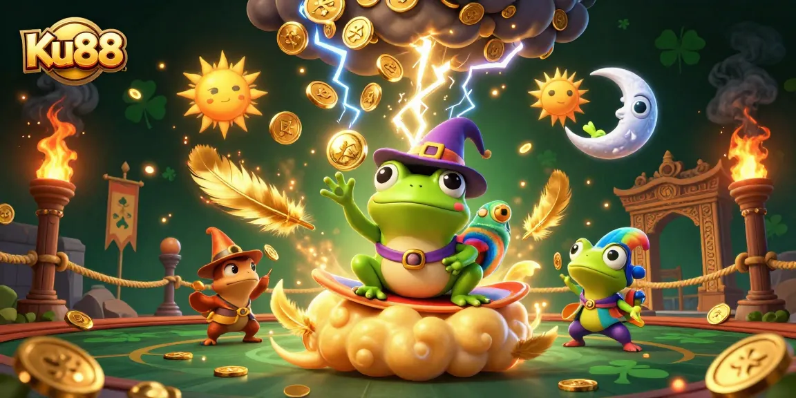 Experience thrilling wins at Ku88 with a magical scene of a wizard frog unleashing golden coins and vibrant gaming elements.