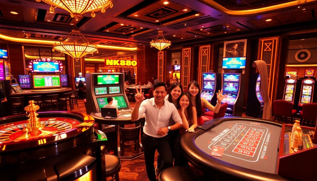 Players enjoying a thrilling game at NK88 casino, showcasing poker tables and slot machines.