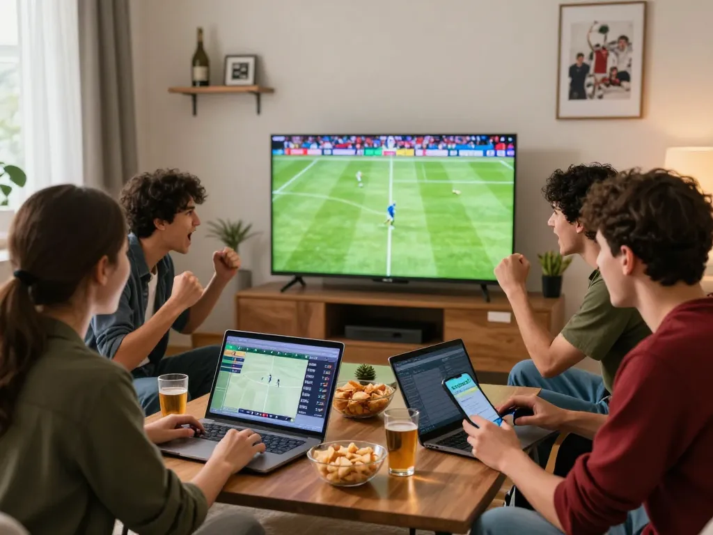 Friends enjoying football match betting on nowgoal live scores in a cozy living room.