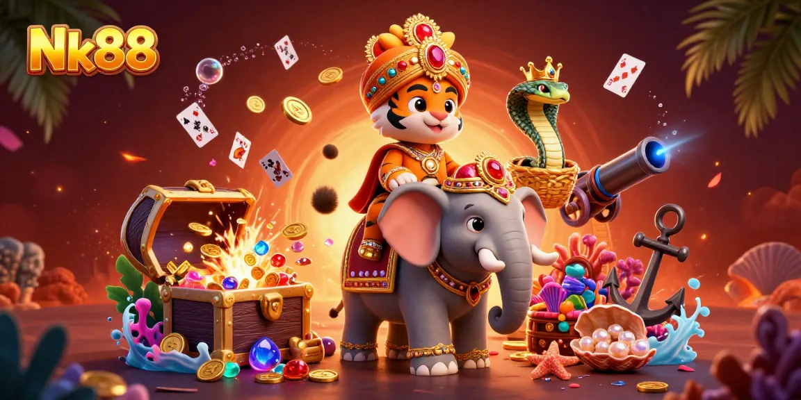 Experience high-stakes gaming at Nk88, featuring a thrilling tiger ride and treasure-filled underwater scenes.
