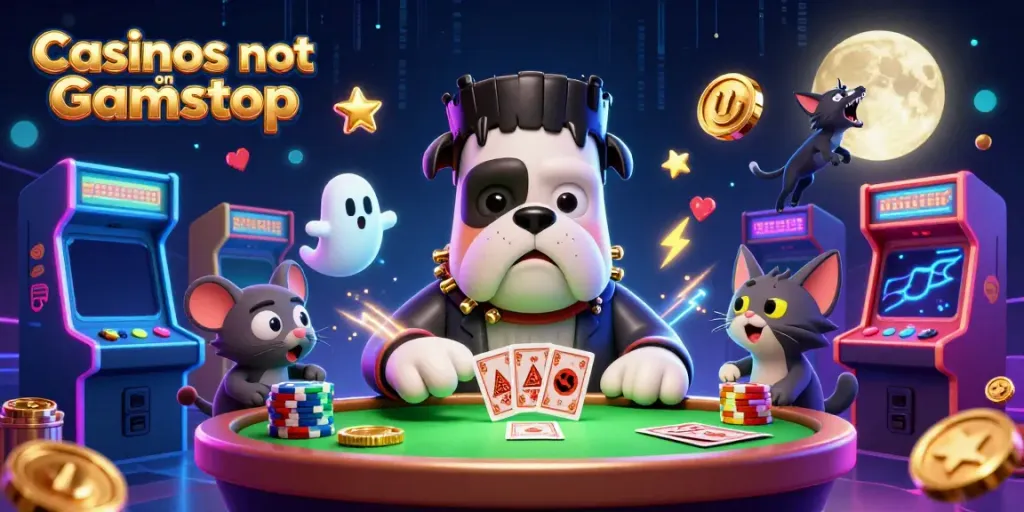 Engaging card game scene featuring casinos not on Gamstop with cartoon characters and casino elements.
