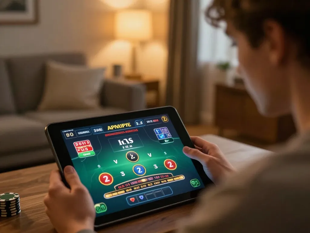 Player engaging with u888 online blackjack game on tablet in stylish living room