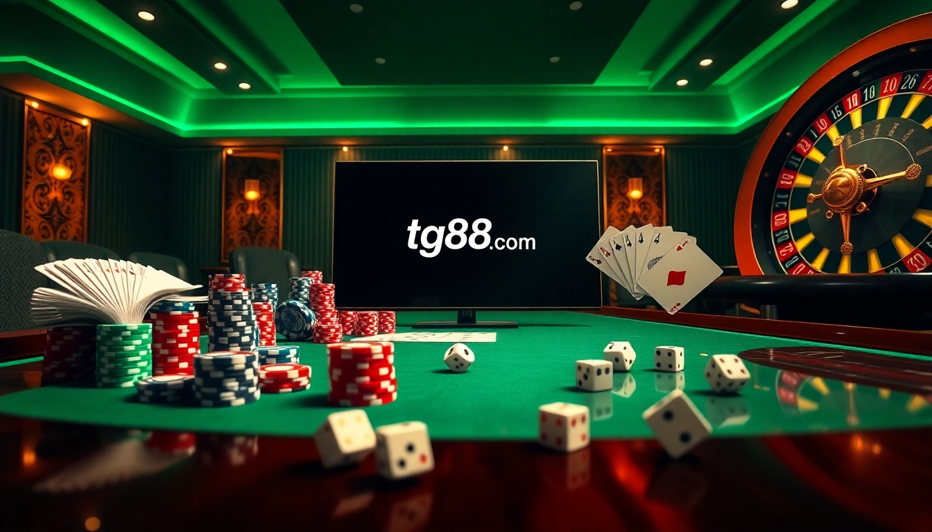 Engaging poker chips and roulette spinning highlighting tg88.com’s expert casino gaming interface in a vibrant betting scene