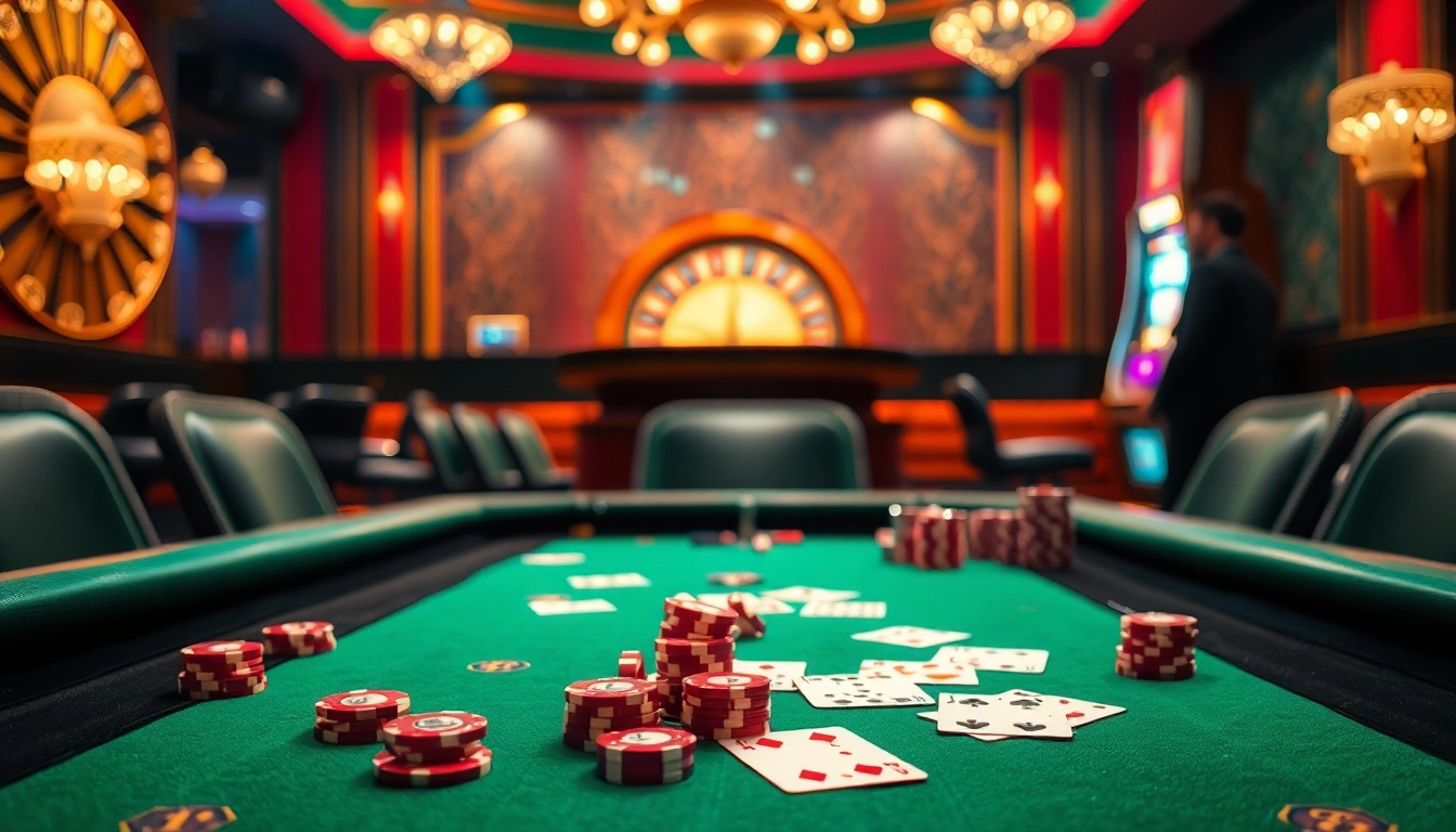 The thrilling atmosphere of u88888 comes alive with a luxurious casino scene featuring poker chips and playing cards in action.