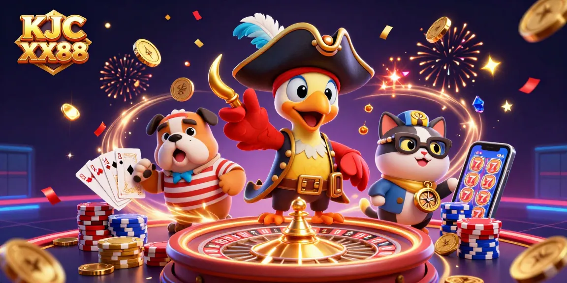 KJC XX88 brings excitement as a parrot captain and crew navigate a vibrant casino adventure with coins and jewels.