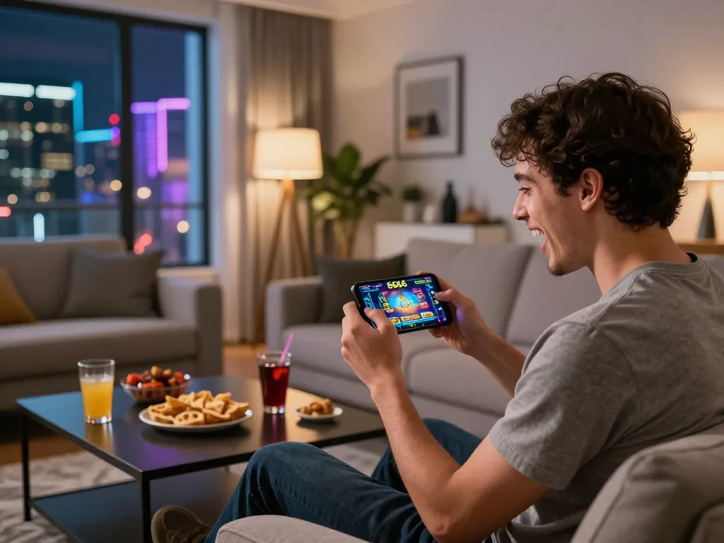 S666 online gaming experience with player enjoying a mobile casino game at home, showcasing excitement and engagement.