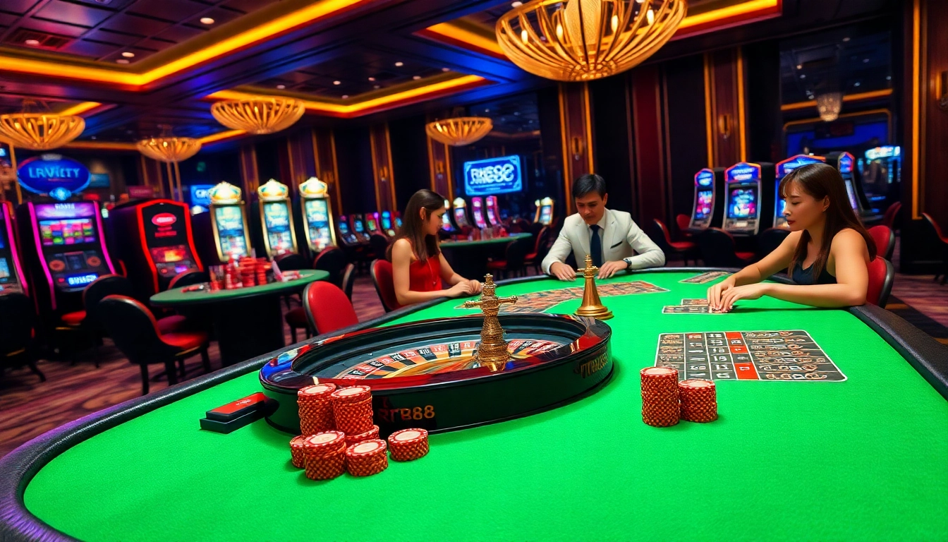 Players engaging at the RR88 casino table featuring poker chips and roulette wheels.