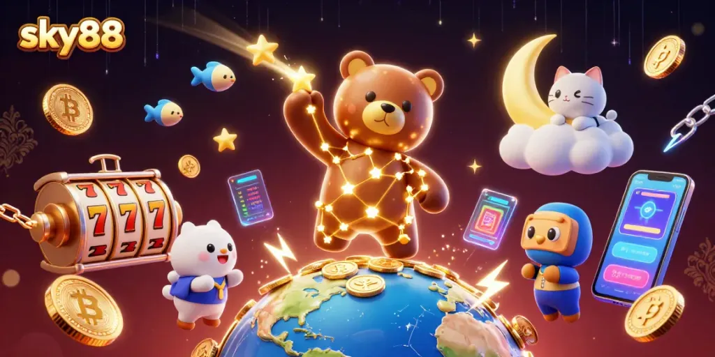 Experience sky88's vibrant casino atmosphere with a thrilling cartoon scene of starry characters and casino elements.