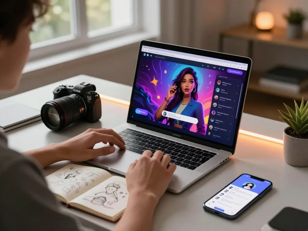 Dynamic scene of crushon AI chat interaction at a modern workspace, showcasing vibrant character graphics.