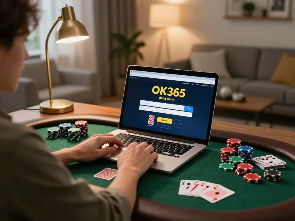 Person engaged in online gaming with OK365 đăng nhập visible on the laptop screen, cozy home setting.