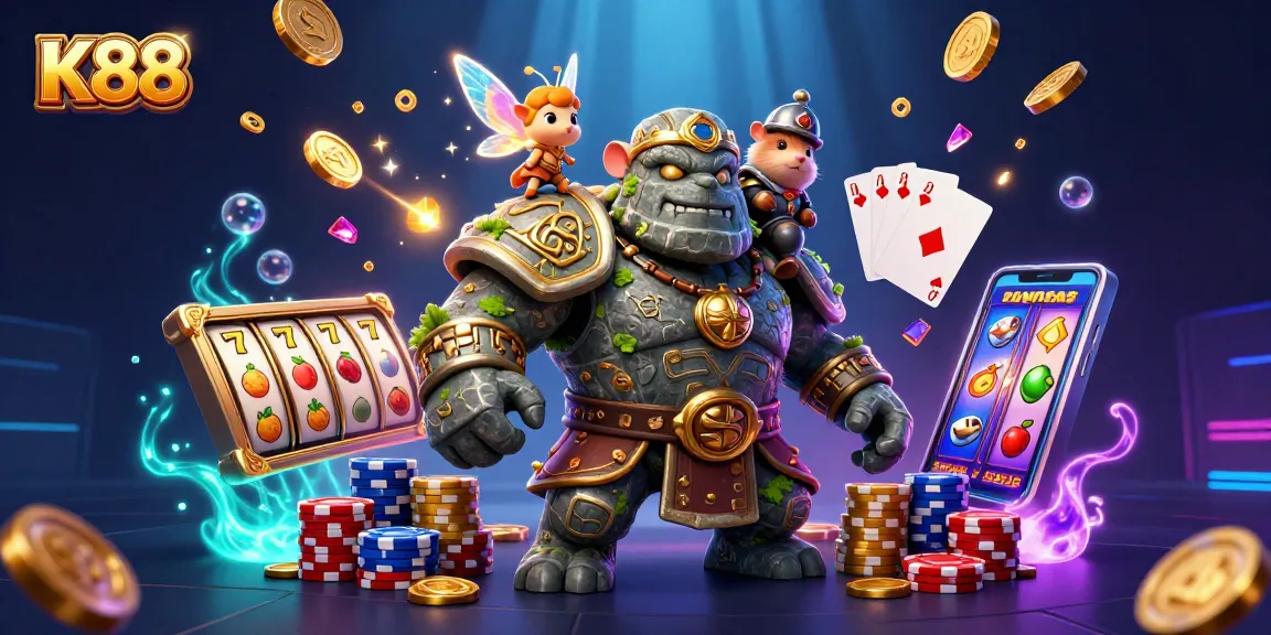 K88 players spinning slot reels with luck, highlighted by vibrant coins and colorful game elements.