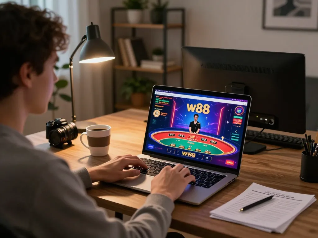 Player engaging with w88 online casino interface during an evening gaming session at home