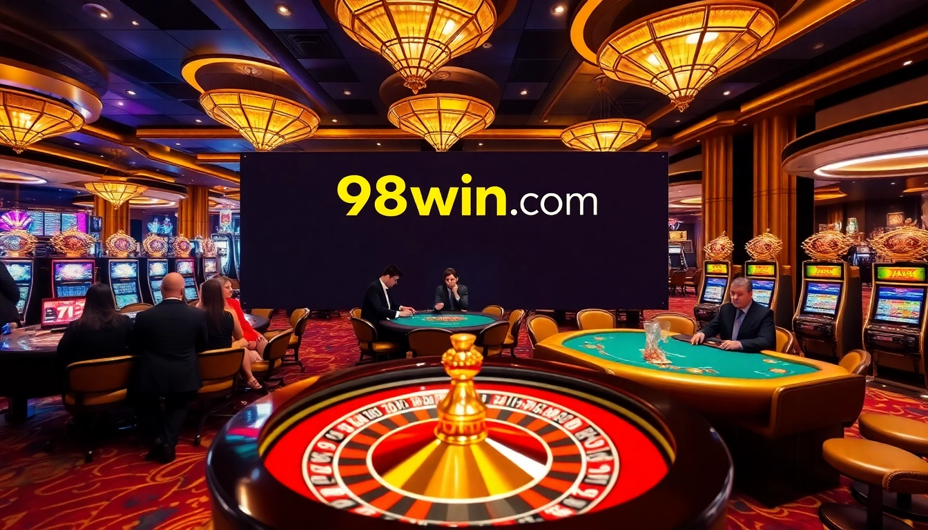 Players enjoying casino games at 98win.com with vibrant roulette and poker action.