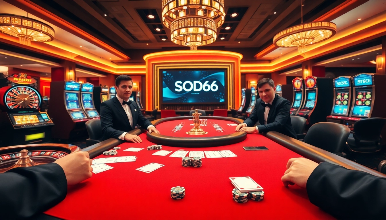 SODO66 players engaging in high-stakes poker at a luxurious casino table, surrounded by vibrant slot machines.