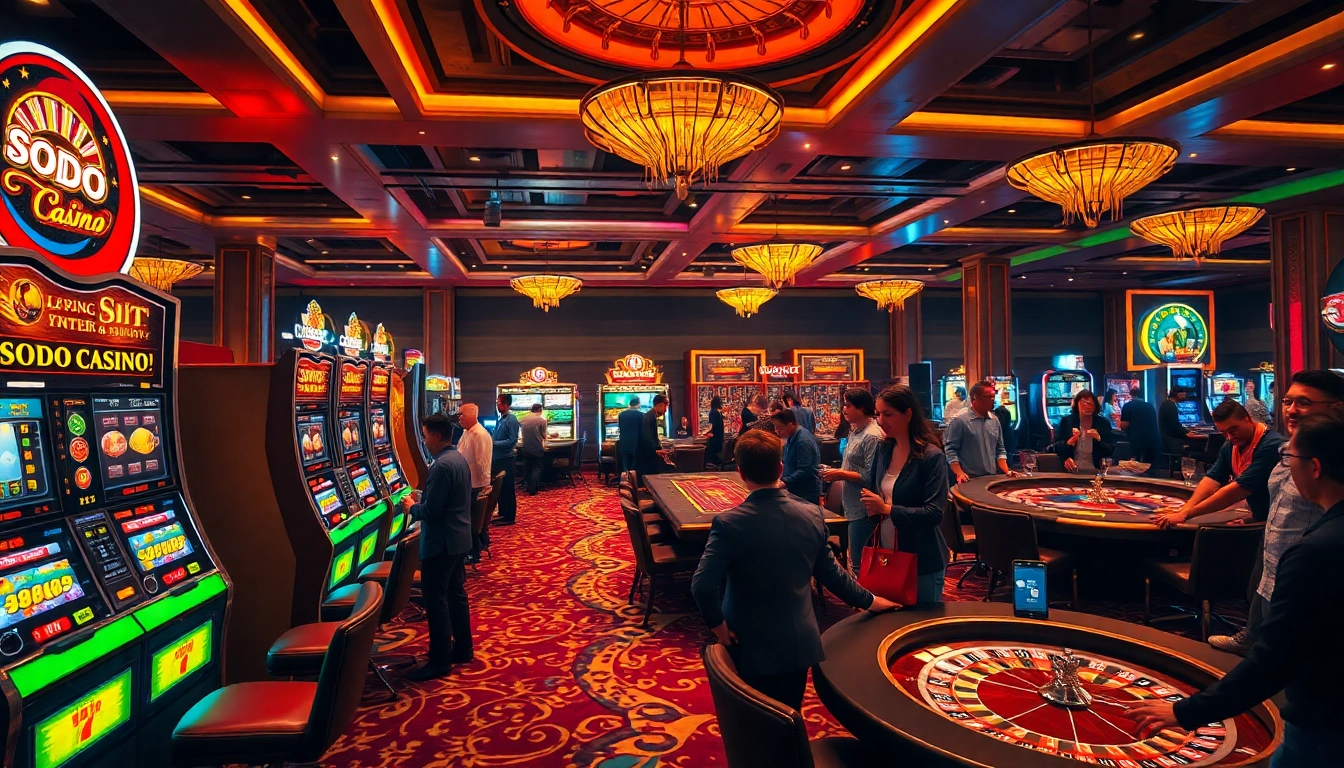 Players winning at SODO CASINO with vibrant slot machines and poker tables.