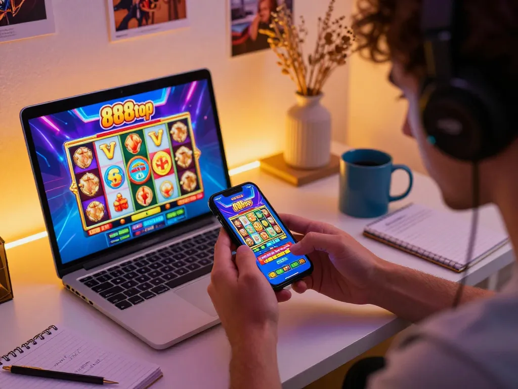 Player engaging in thrilling gameplay on the 888top shop casino app, surrounded by a cozy gaming environment