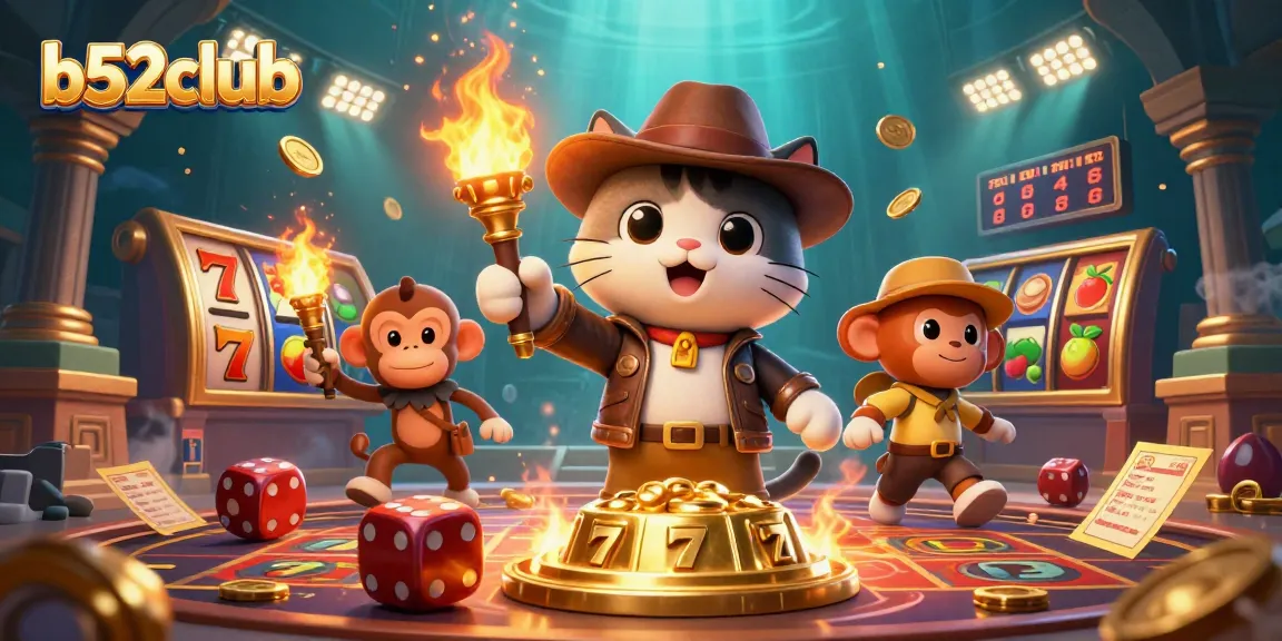 B52Club's exciting 3D cartoon scene showcasing a cat explorer and monkey companion among golden artifacts and casino elements.