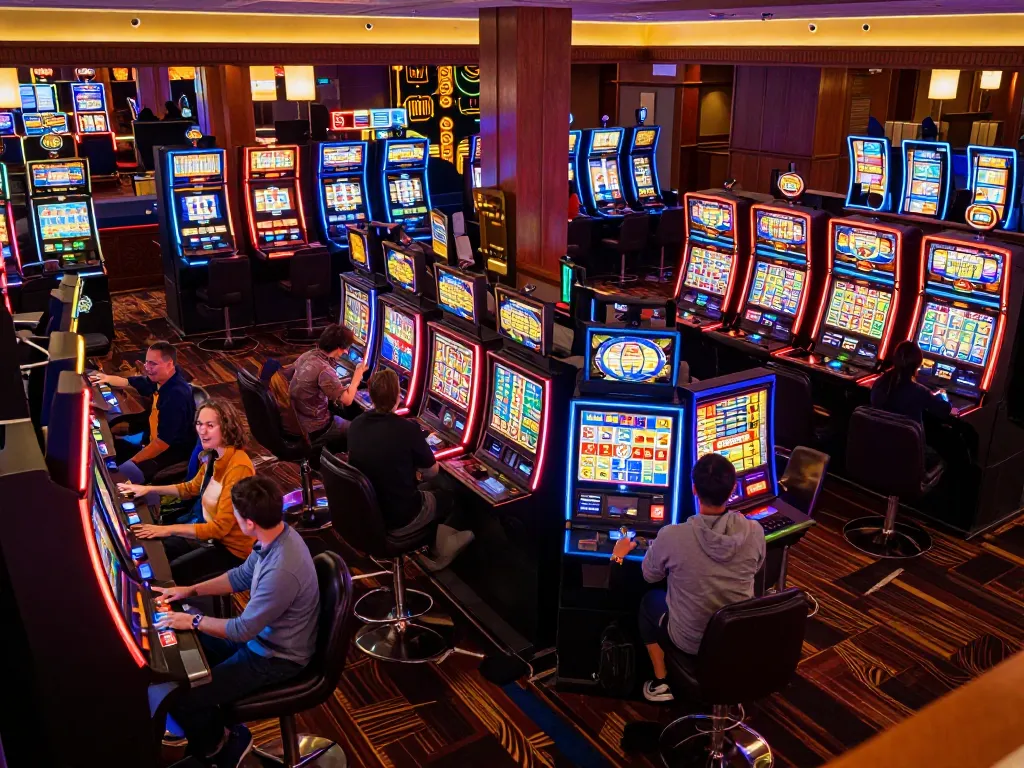 Sunwin players engaging with colorful slot machines, capturing excitement in a vibrant casino atmosphere
