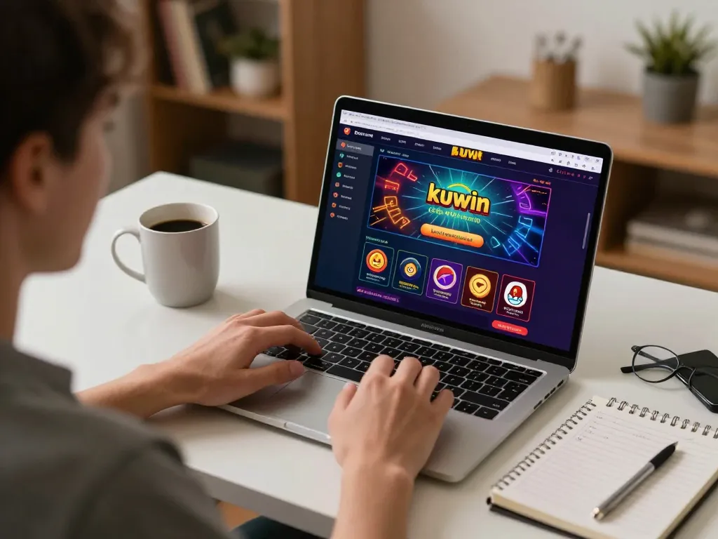 Engaged player using kuwin online casino interface from home with strategy notes and coffee